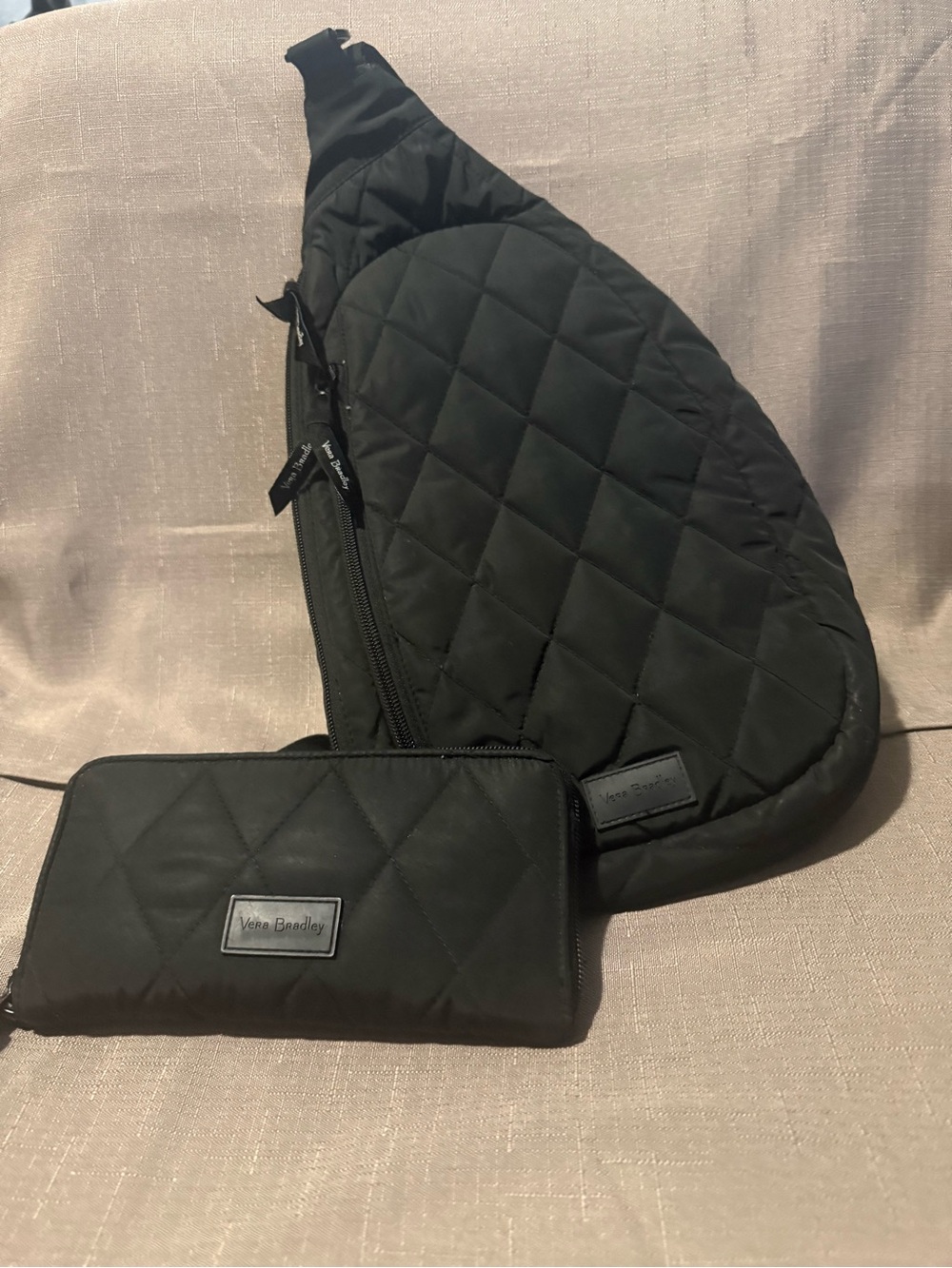 Vera Bradley Black Quilted Sling Bag with Matching Wallet Set